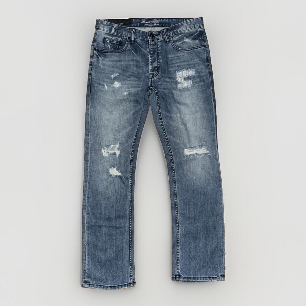 Jack Threads Distressed Denim 33x30 Surfer Grunge Y2K Ripped Jeans Button Fly